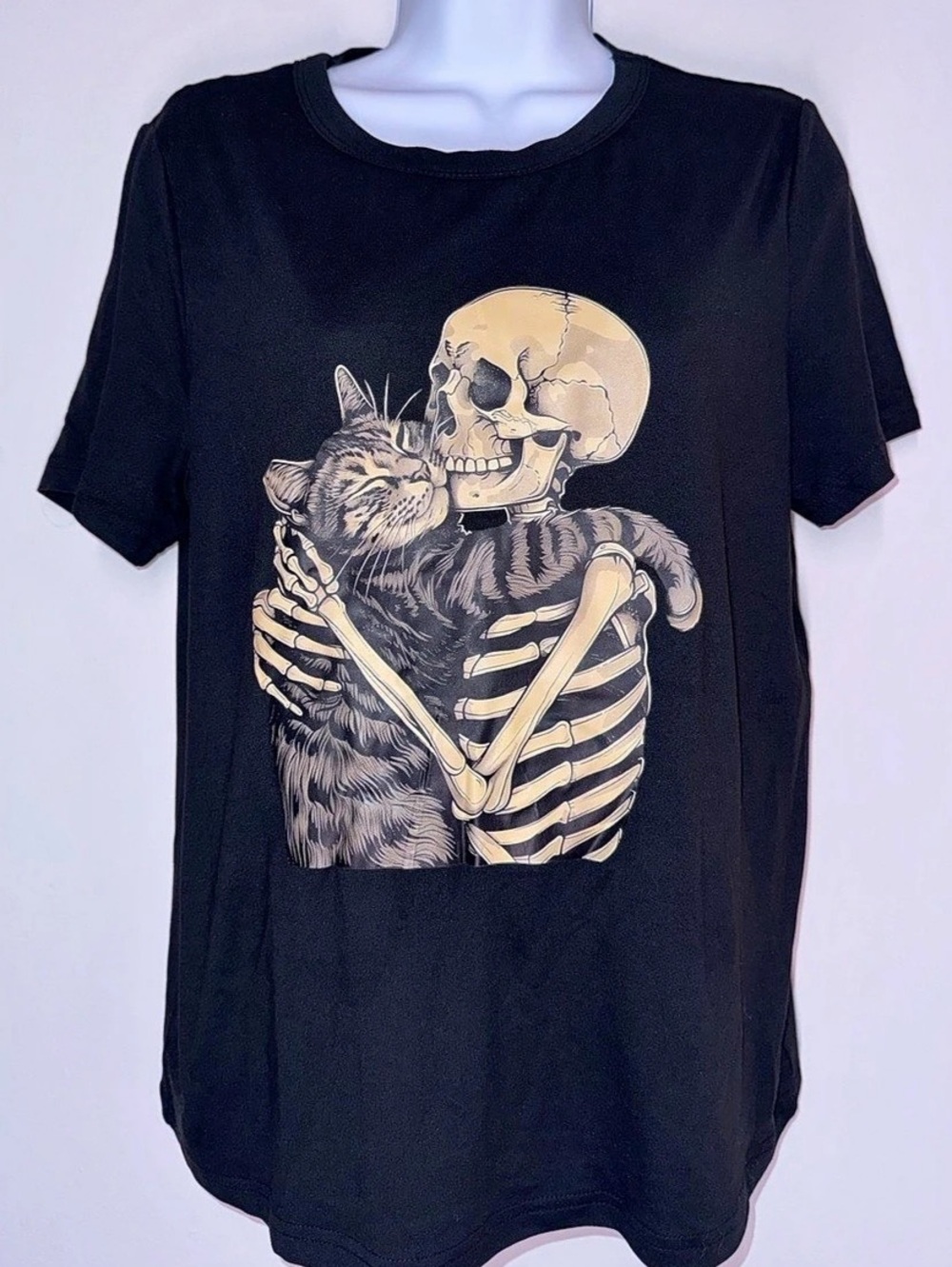 Black Skeleton & Cat Graphic T-Shirt